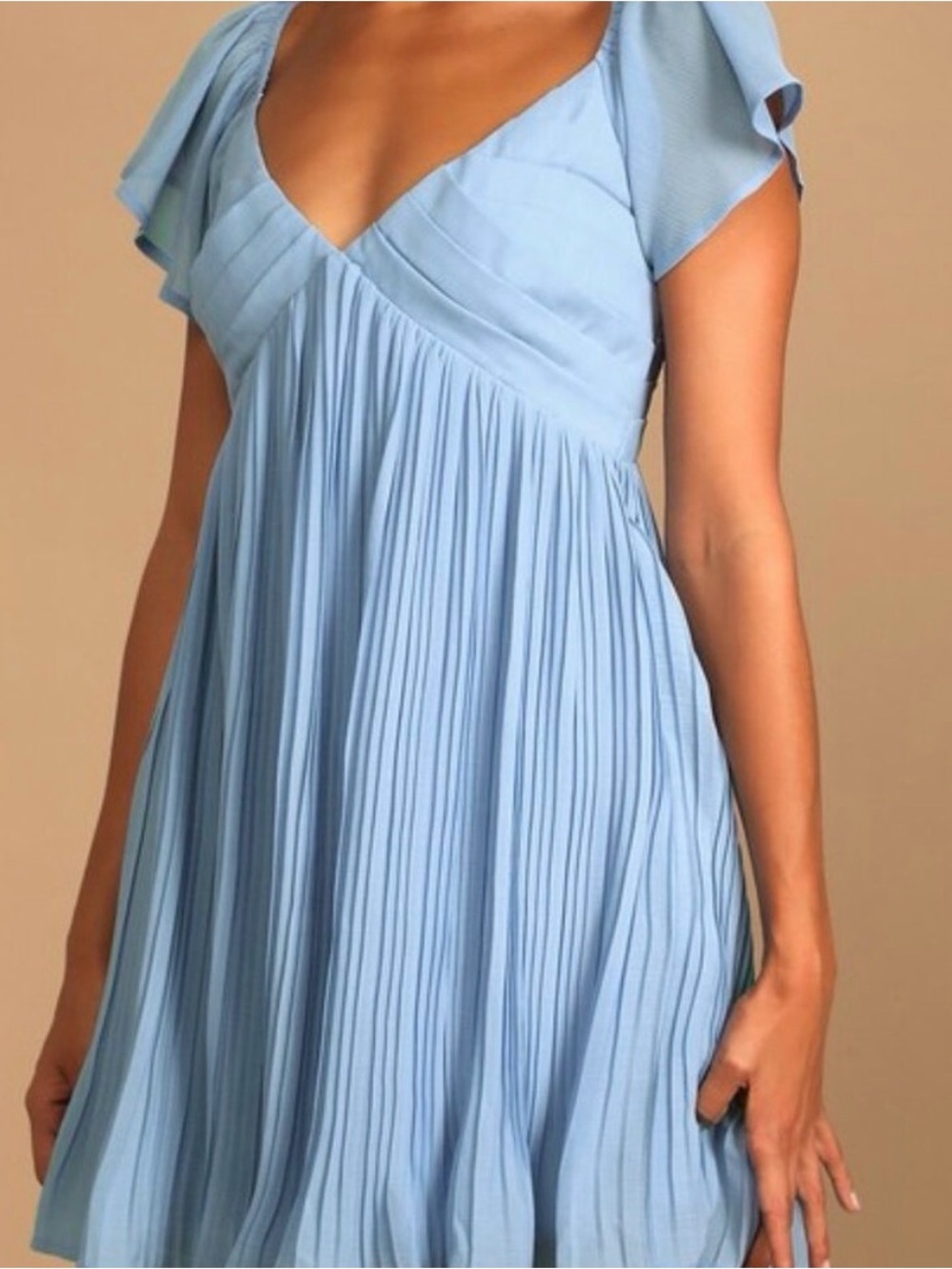 Lulu's Sky Blue Pleated V-Neck Mini Dress